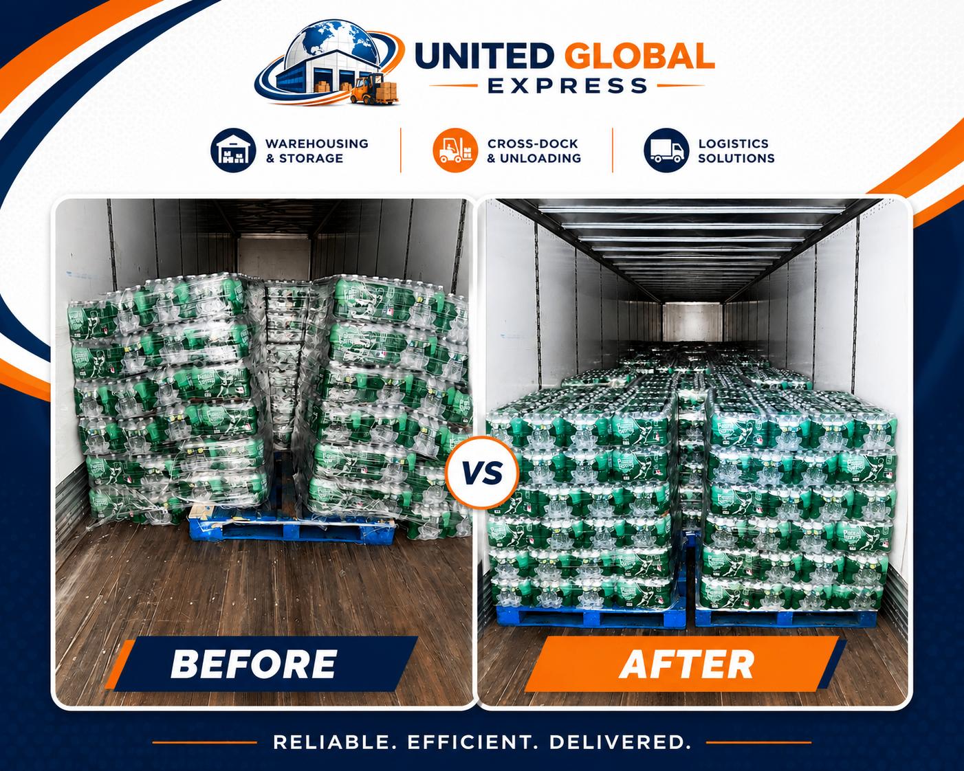 Before and after: beverage pallets restocked and shrink-wrapped for safe transport by United Global Express